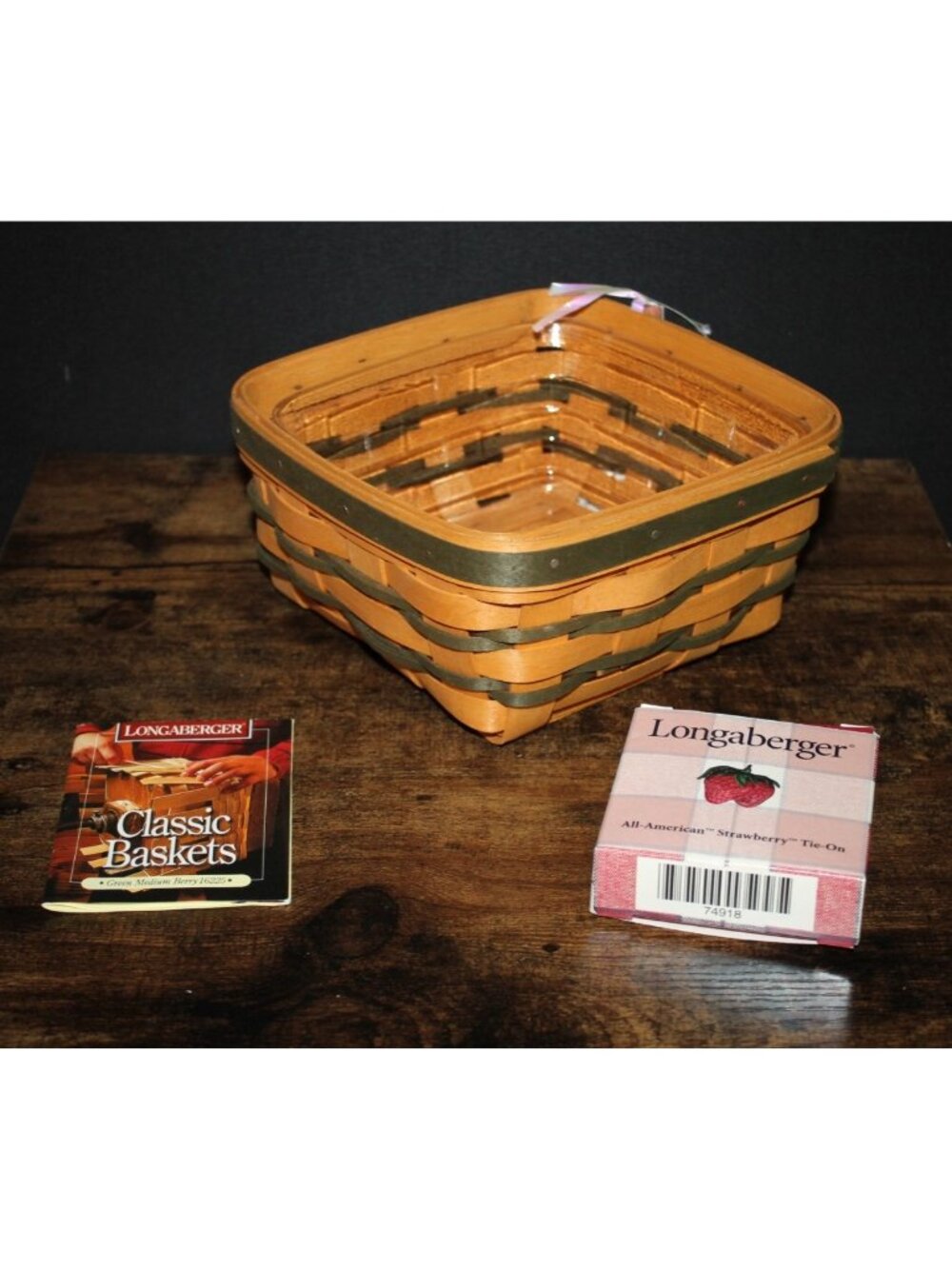 1997 Longaberger Medium Berry Basket W/Protector & Strawberry Tie-on